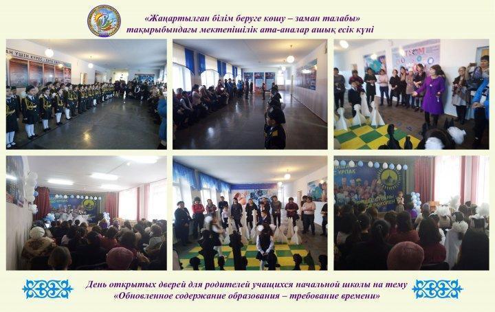 «Жаңартылған білім беруге көшу – заман талабы» тақырыбындағы мектепішілік ата-аналар ашық есік күні   -  День открытых дверей для родителей учащихся